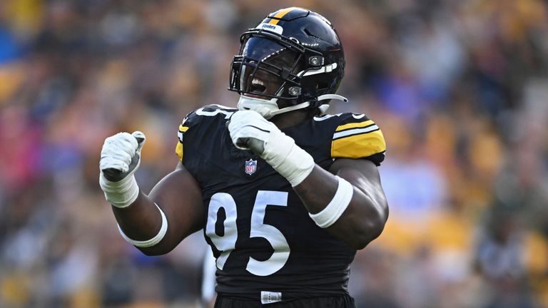 Pittsburgh Steelers defensive tackle Keeanu Benton (95) celebrates after a sack during the first half of an NFL exhibition football game against the Buffalo Bills, Saturday, Aug. 17, 2024, in Pittsburgh. The Bills won 9-3. (AP Photo/David Dermer)