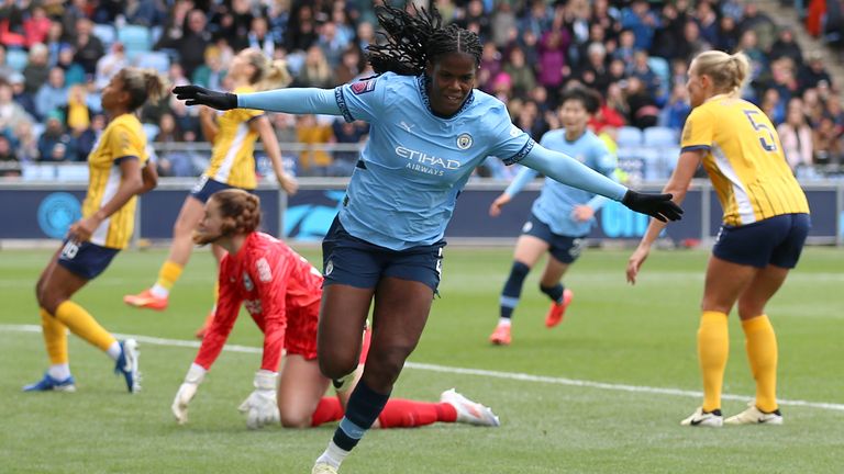 Manchester City's Khadija Shaw celebrates scoring