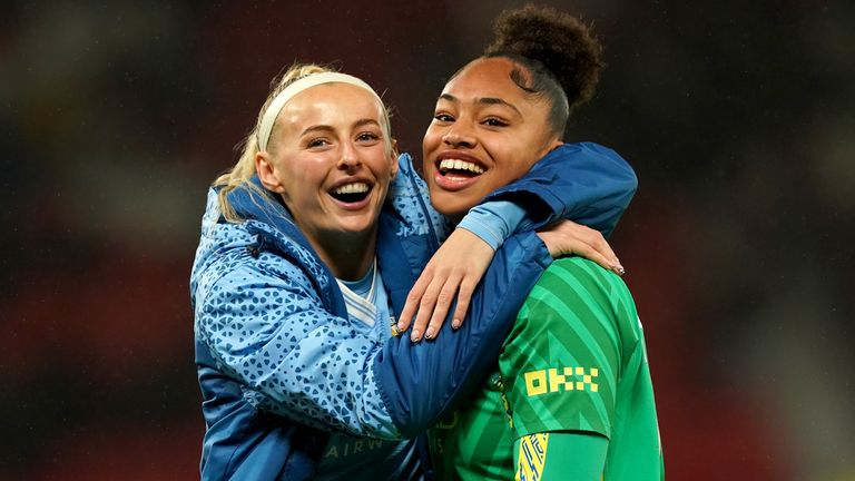 Goalkeeping Khiara Keating with Man City and England team-mate Chloe Kelly