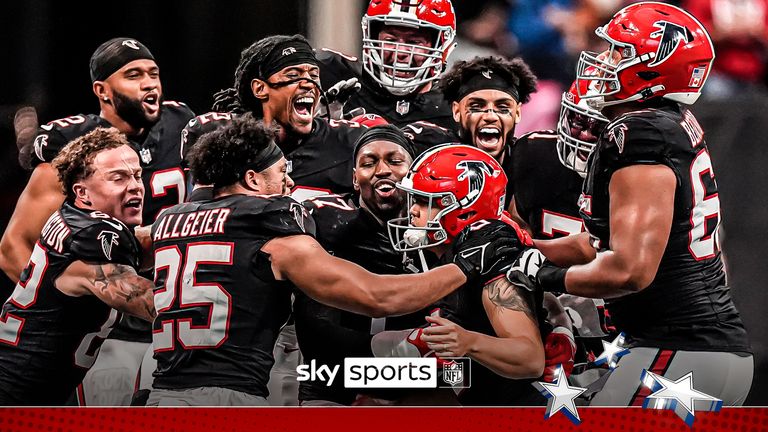 Atlanta Falcons players celebrate place kicker Younghoe Koo's game-winning 58-yard-field goal against the New Orleans Saints during the second half of an NFL football game, Sunday, Sept. 29, 2024, in Atlanta. 