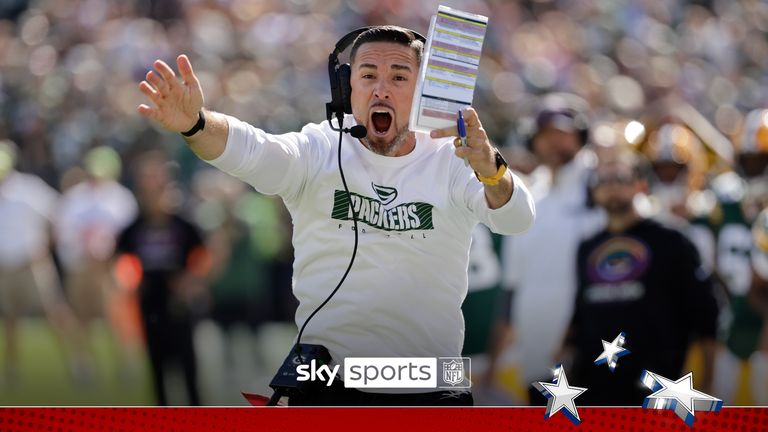 Green Bay Packers head coach Matt LaFleur argues an officials call during the first half of an NFL football game against the Minnesota Vikings, Sunday, Sept. 29, 2024, in Green Bay, Wis.