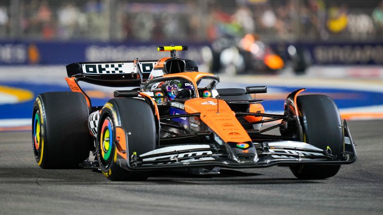 McLaren driver Lando Norris of Britain steers his car during the Singapore Formula One Grand Prix at the Marina Bay Street Circuit, in Singapore, Sunday, Sept. 22, 2024. (AP Photo/Vincent Thian)