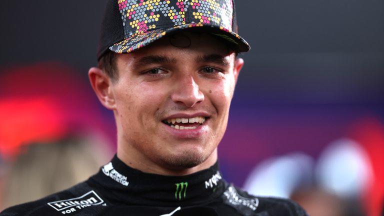 MARINA BAY STREET CIRCUIT, SINGAPORE - SEPTEMBER 22: Lando Norris, McLaren F1 Team, 1st position, is interviewed during the Singapore GP at Marina Bay Street Circuit on Sunday September 22, 2024 in Singapore, Singapore. (Photo by Lionel Ng / Sutton Images)