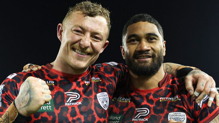 Picture by Paul Currie/SWpix.com - 20/09/2024 - Rugby League - Betfred Super League Round 27 - Leigh Leopards v St Helens - Leigh Sports Village, Leigh , England - Leigh Leopards' Josh Charnley and Ricky Leutele celebrates at the end of the match