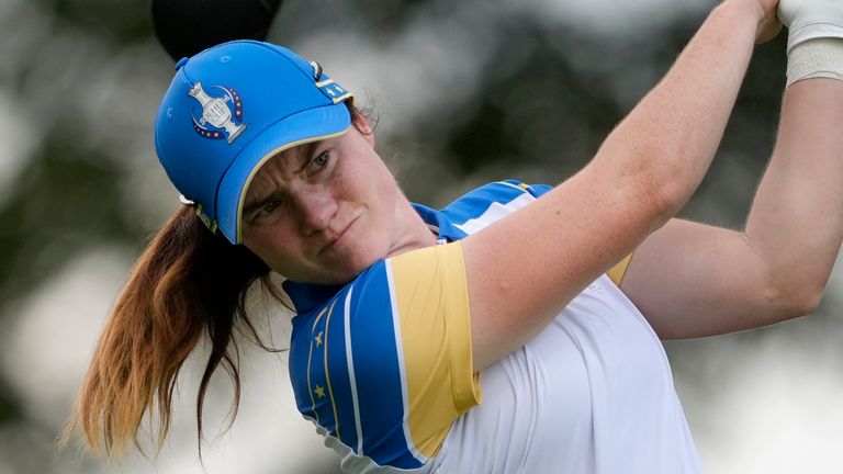 Europe's Leona Maguire hits from the 12th tee during a Solheim Cup golf tournament fourball match at Robert Trent Jones Golf Club, Friday, Sept. 13, 2024, in Gainesville, Va. (AP Photo/Matt York)