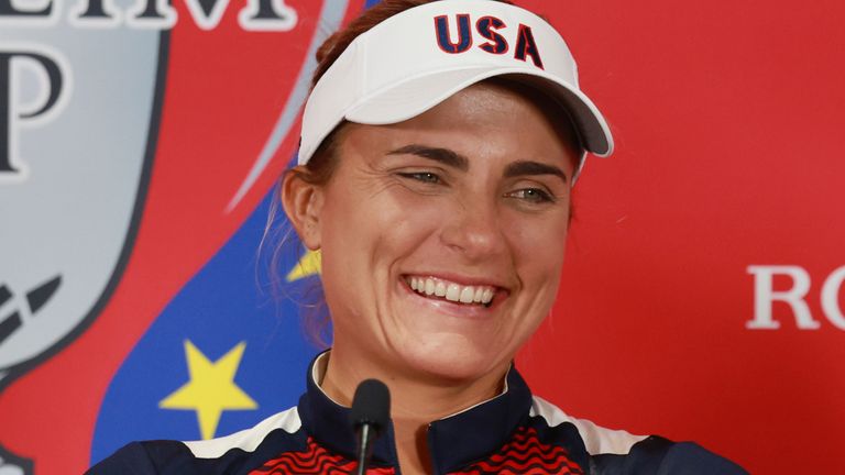 GAINESVILLE, VA – SEPTEMBER 11: Team USA golfers Lauren Coughlin and Lexi Thompson laugh during a press conference on Day 2 of practice for the 2024 Solheim Cup at Robert Trent Jones Golf Club on September 11, 2024 in Gainesville, Virginia. Photo by Brian Spurlock/Icon Sportswire) (Icon Sportswire via AP Images)