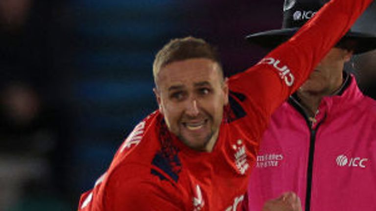 England's Liam Livingstone bowls during the '1st Vitality IT20' Twenty20 International cricket match between England and Australia at Utilita Bowl in Southampton on September 11, 2024. (Photo by Adrian DENNIS / AFP) / RESTRICTED TO EDITORIAL USE. NO ASSOCIATION WITH DIRECT COMPETITOR OF SPONSOR, PARTNER, OR SUPPLIER OF THE ECB