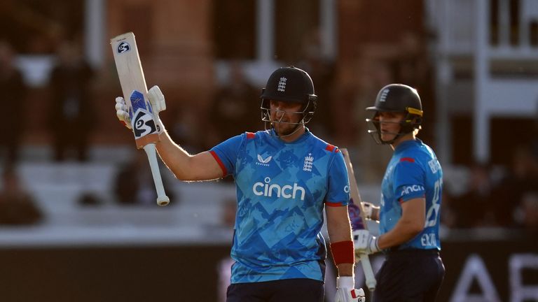 England's Liam Livingstone celebrates 50 runs during the fourth One Day International match at Lord's Cricket Ground, London. Picture date: Friday September 27, 2024.