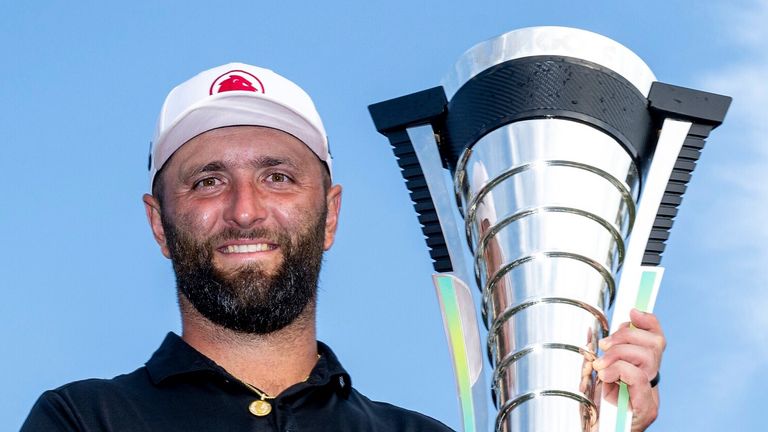 2024 Individual Champion, Captain Jon Rahm of Legion XIII poses for a photo with the Individual Championship Trophy after the final round of LIV Golf Chicago at Bolingbrook Golf Club on Sunday, September 15, 2024 in Bolingbrook, Illinois. (Photo by Charles Laberge/LIV Golf via AP) 