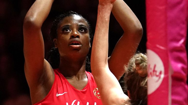 England v South Africa - Vitality Netball International Series - AO Arena
England's Olivia Tchine (left) during the Vitality Netball International Series match at the AO Arena, Manchester. Picture date: Tuesday December 5, 2023.