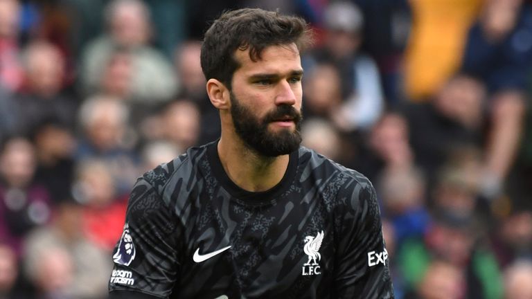 Liverpool's goalkeeper Alisson during the English Premier League soccer match between Liverpool and Brentford at Anfield Stadium, Liverpool, England, Sunday, Aug. 25, 2024. (AP Photo/Rui Vieira)