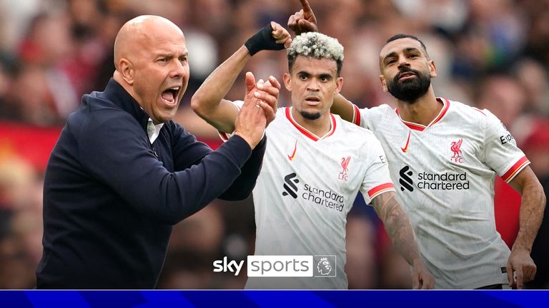 Liverpool's manager Arne Slot reacts during the English Premier League soccer match between Manchester United and Liverpool at Old Trafford, Sunday, Sept. 1, 2024, in Manchester, England.