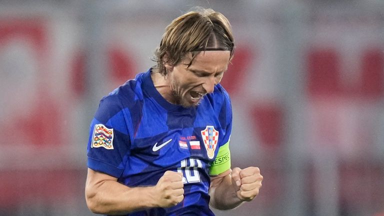 Croatia's Luka Modric celebrates after the UEFA Nations League soccer match between Croatia and Poland at the Opus Arena in Osijek, Croatia, Sunday, Sept. 8, 2024. (AP Photo/Darko Bandic)