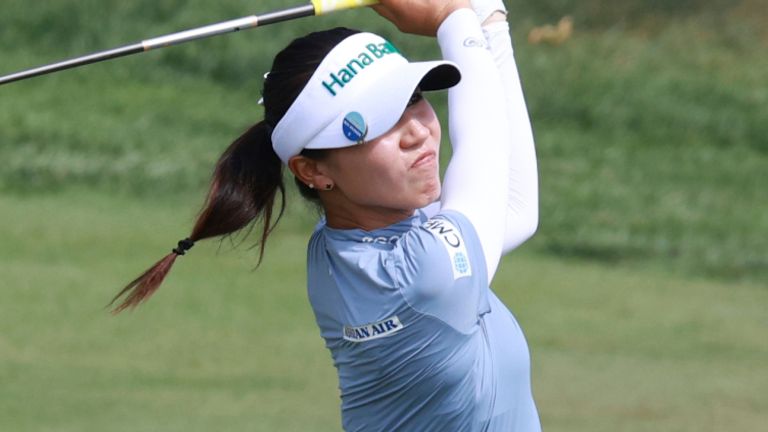 CINCINNATI, OH - SEPTEMBER 22: LPGA golfer Lydia Ko plays her second shot on the 9th hole during the final round of the Kroger Queen City Championship presented by P&G on September 22, 2024, at TPC River's Bend in Cincinnati, Ohio. (Photo by Brian Spurlock/Icon Sportswire) (Icon Sportswire via AP Images)