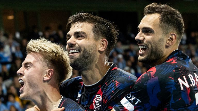 MALMO, SWEDEN - SEPTEMBER 26: Rangers' Ross McCausland (L) celebrates scoring to make it 2-0 with Robin Propper and Nedim Bajrami during a UEFA Europa League Matchday One League Phase match between Malmo FF and Rangers at the Eleda Stadion, on September 26, 2024, in Malmo, Sweden. (Photo by Alan Harvey / SNS Group)