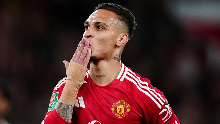 Manchester United's Antony celebrates scoring the second goal against Barnsley