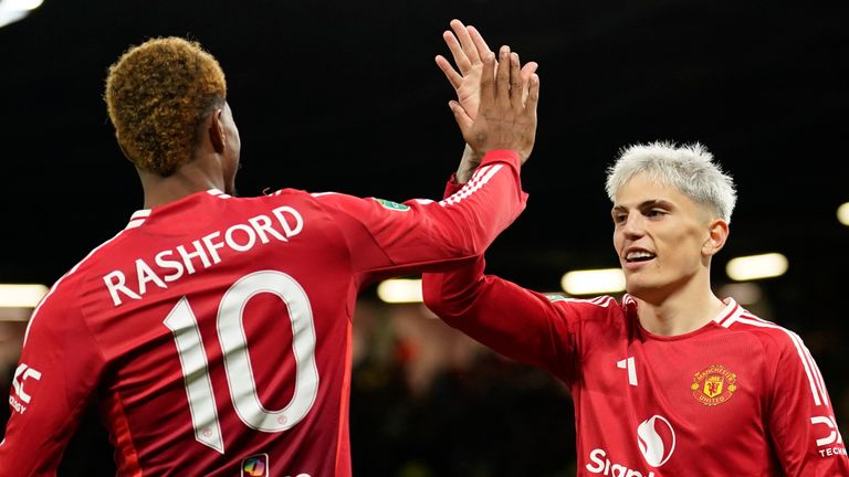 Alejandro Garnacho of Manchester United celebrates with Marcus Rashford after scoring the fourth goal against Barnsley.