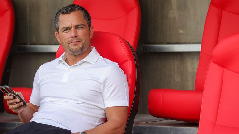 Red Bull Leipzig sporting director Marcel Schäfer makes a gesture during the German Cup match between Rot-Weiss Essen and Red Bull Leipzig on August 17, 2024 in Essen, Germany. 