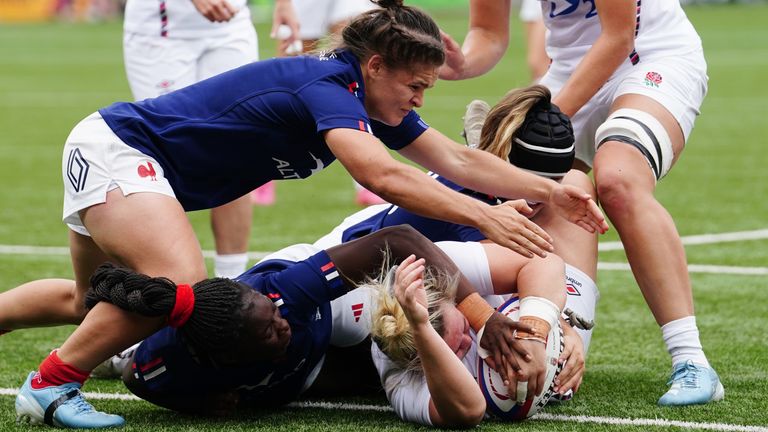 England's Marlie Packer scores their first try during the Women's International match at Kingsholm Stadium, Gloucester. Picture date: Saturday September 7, 2024.