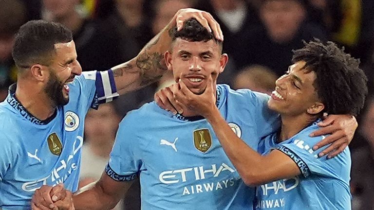 Manchester City's Matheus Nunes celebrates scoring the second goal against Watford