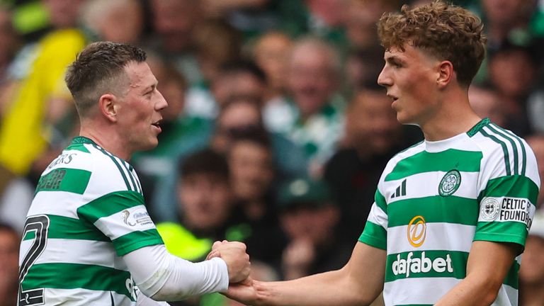 GLASGOW, SCOTLAND - SEPTEMBER 01: Celtic&#39;s Callum McGregor (L) and Arne Engels at full time during a William Hill Premiership match between Celtic and Rangers at Celtic Park, on September 01, 2024, in Glasgow, Scotland. (Photo by Ross MacDonald / SNS Group)