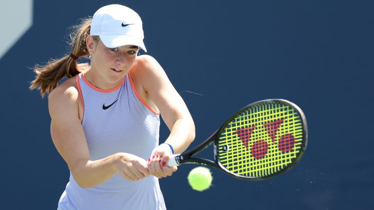 Mika Stojsavljevic of Great Britain returns a shot against Emerson Jones of Australia during their Junior Girls' Singles Third Round match on Day Ten of the 2024 US Open at USTA Billie Jean King National Tennis Center on September 04, 2024 in the Flushing neighborhood of the Queens borough of New York City. (Photo by Jamie Squire/Getty Images)