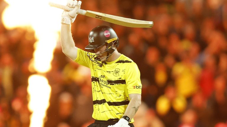 Somerset v Gloucestershire - Vitality Blast T20 - Final - Edgbaston
Gloucestershire's Miles Hammond celebrates reaching a half century during the Vitality Blast T20 Final match at Edgbaston, Birmingham. Picture date: Saturday September 14, 2024.