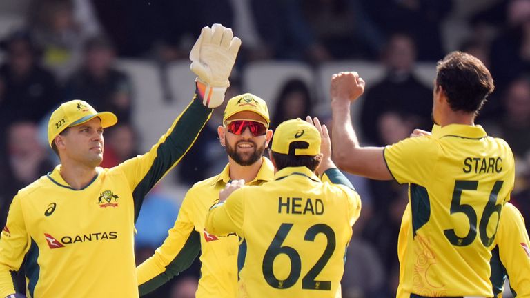 Australia's Mitchell Starc celebrates taking the wicket of England's Will Jacks during the second one day international match at Headingley, Leeds. Picture date: Saturday September 21, 2024.