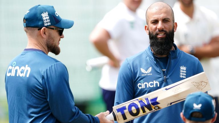 England Press Conference and Nets Session - Lord's - Monday June 26th
England head coach Brendon McCullum and Moeen Ali during a nets session at Lord's Cricket Ground, London. Picture date: Monday June 26, 2023.