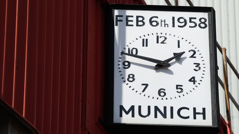 A general view of the Munich clock outside the stadium is seen ahead of during the Premier League match between Manchester United and Wolverhampton Wanderers at Old Trafford on May 13, 2023