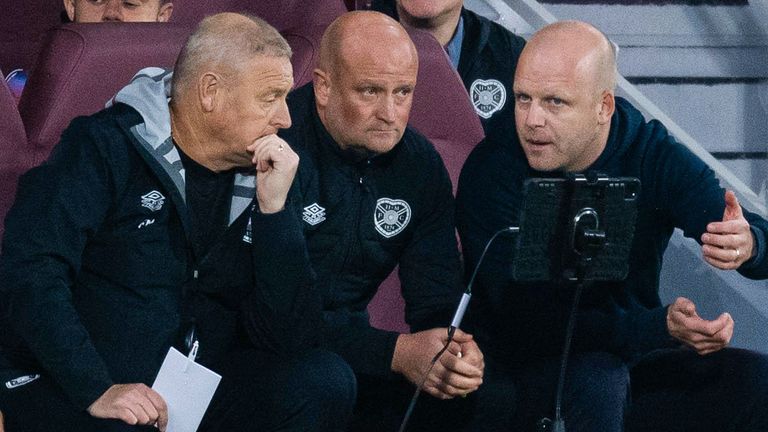 EDINBURGH, SCOTLAND - AUGUST 29: (L-R) Hearts Coaches Frankie McAvoy and Gordon Forrest and Head Coach Steven Naismith during a UEFA Europa League playoff second leg match between Heart of Midlothian and Viktoria Plzen at Tynecastle Park, on August 29, 2024, in Edinburgh, Scotland. (Photo by Mark Scates / SNS Group)