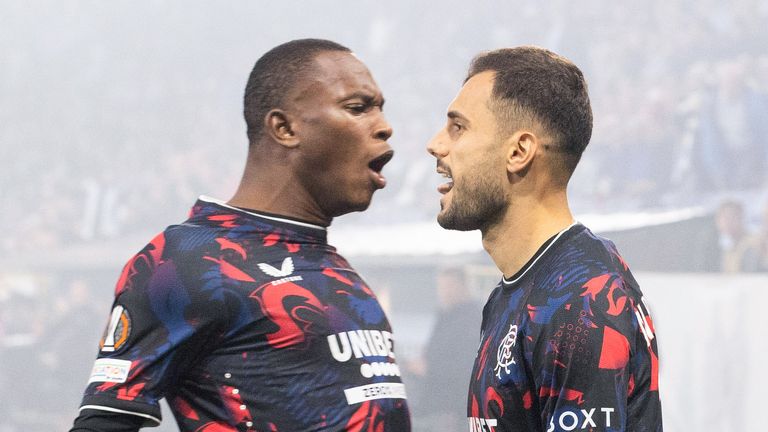 MALMO, SWEDEN - SEPTEMBER 26: Rangers' Nedim Bajrami (R) celebrates scoring to make it 1-0 with Neraysho Kasanwirjo during a UEFA Europa League Matchday One League Phase match between Malmo FF and Rangers at the Eleda Stadion, on September 26, 2024, in Malmo, Sweden. (Photo by Alan Harvey / SNS Group)