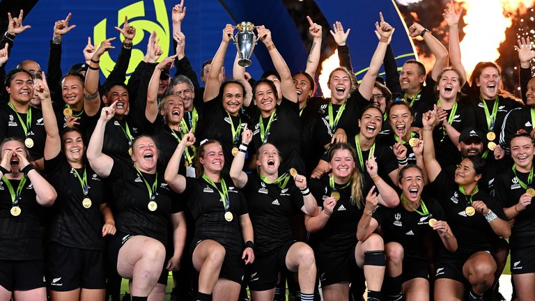 New Zealand players celebrate their win over England in the final of the women's rugby World Cup at Eden Park in Auckland, New Zealand, Saturday, Nov.12, 2022. (Andrew Cornaga/Photosport via AP)