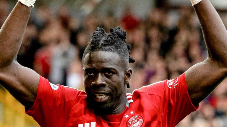 ABERDEEN, SCOTLAND - SEPTEMBER 14: Aberdeen...s Pape Gueye celebrates scoring to make it 2-0 during a William Hill Premiership match between Aberdeen and Motherwell at Pittodrie Stadium on September 14, 2024, in Aberdeen, Scotland. (Photo by Craig Foy / SNS Group)