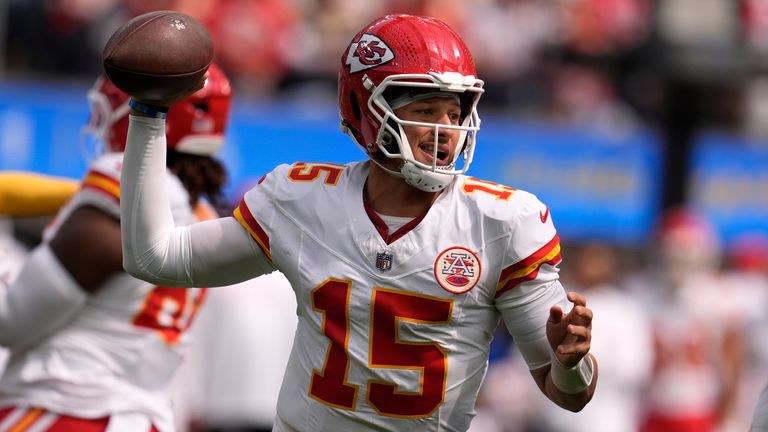 Kansas City Chiefs quarterback Patrick Mahomes throws during the first half of an NFL football game against the Los Angeles Chargers Sunday, Sept. 29, 2024, in Inglewood, Calif. (AP Photo/Marcio Jose Sanchez)