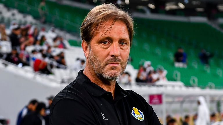 Pedro Martins, the head coach of Al Gharana SC, is looking on during the EXPO Stars League 23/24 match between Al Arabi SC and Al Gharana SC at Al Thumama Stadium in Doha, Qatar, on March 30, 2024.