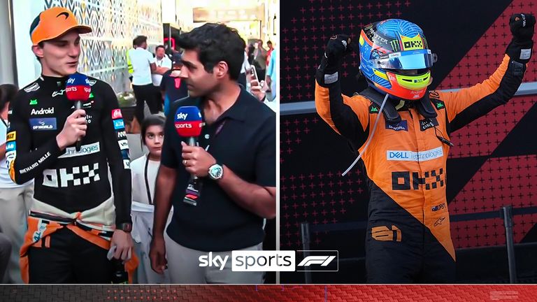 15 September 2024, Azerbaijan, Baku: Motorsport: Formula 1 World Championship, Azerbaijan Grand Prix, after the race: Winning McLaren driver Oscar Piastri from Australia stands on the race car and cheers his mechanics. 