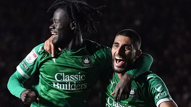 Rami Al Hajj (right) celebrates after scoring for Plymouth.