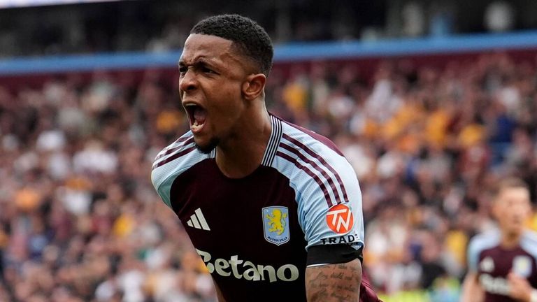 Ezri Konsa celebrates after giving Aston Villa the lead against Wolves