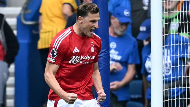 Chris Wood celebrates after giving Nottingham Forest the lead at Brighton from the penalty spot