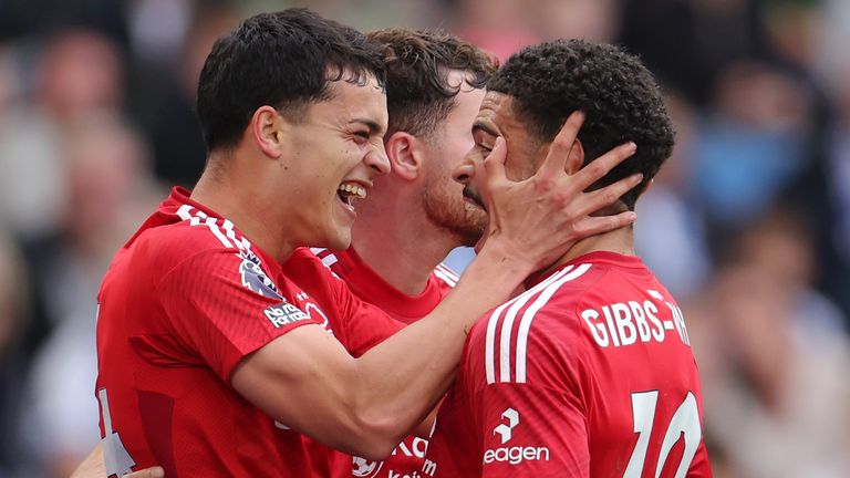 Ramon Sosa celebrates with his team-mates after equalising for Nottingham Forest at Brighton