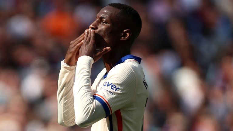 Nicolas Jackson celebrates after doubling Chelsea's lead at West Ham