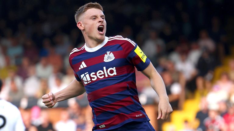 Harvey Barnes celebrates after pulling a goal back for Newcastle at Fulham