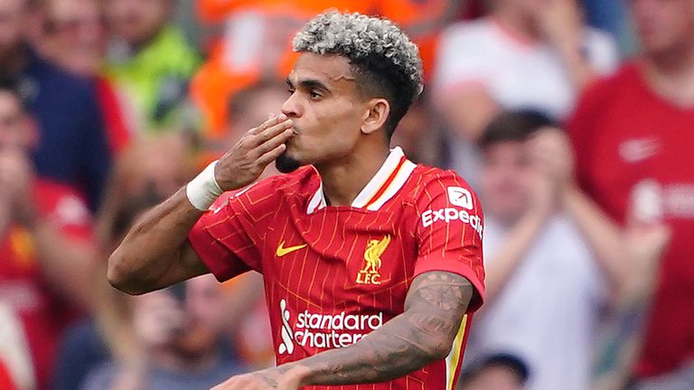 Luis Diaz celebrates after opening the scoring for Liverpool against Bournemouth