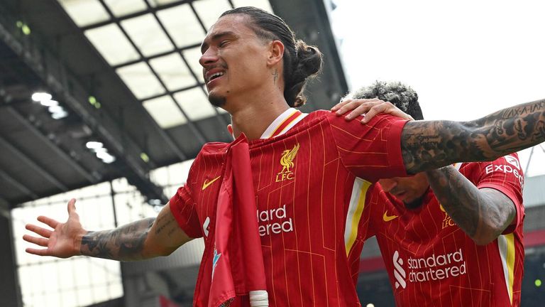 Darwin Nunez celebrates after giving Liverpool a 3-0 lead against Bournemouth