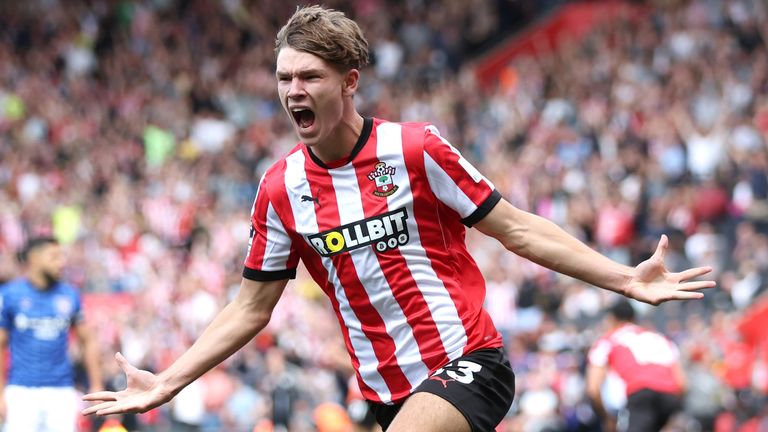 Tyler Dibling celebrates after scoring Southampton's opening goal against Ipswich