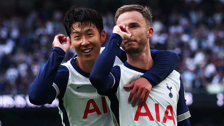 James Maddison celebrates with Heing-Min Son after scoring Spurs' third goal against Brentford