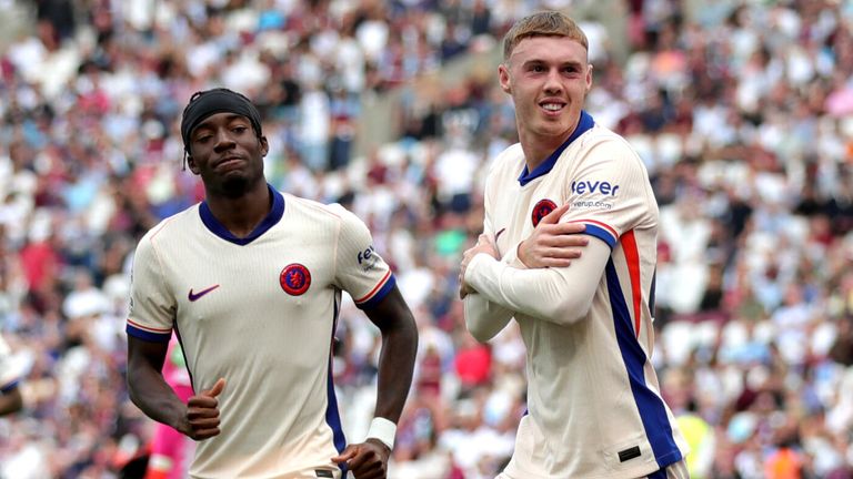 Cole Palmer celebrates after putting Chelsea 3-0 up at West Ham