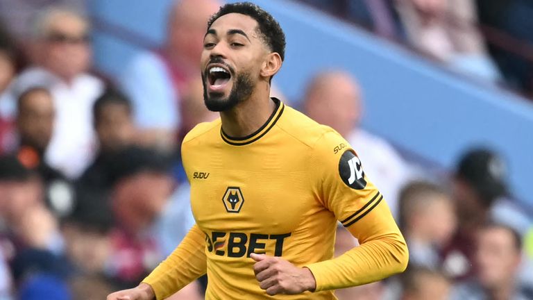 Matheus Cunha celebrates after scoring Wolves' opening goal against Aston Villa