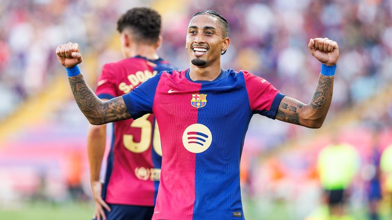 Raphinha Dias Belloli of FC Barcelona celebrates a goal during the Spanish league, La Liga EA Sports, football match played between FC Barcelona and Real Valladolid at Estadio Olimpico de Montjuic on August 31, 2024 in Barcelona, Spain. AFP7 31/08/2024 (Europa Press via AP)